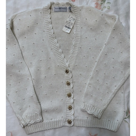 Vtg Knit Cardigan Retro Academia Granny Sweater Cottage Shabby Pearls Large - Picture 6 of 16
